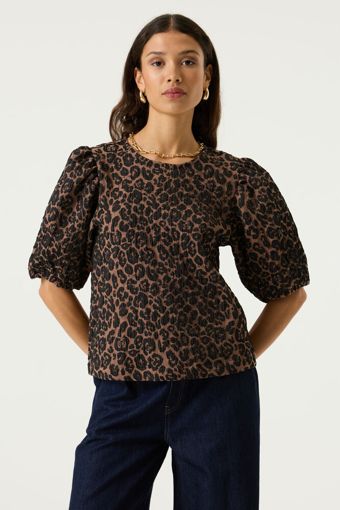 Garcia zwarte dames t-shirt   Ronde hals   Regular fit   Animal patroon   Knoopsluiting   Korte mouw Zwart M